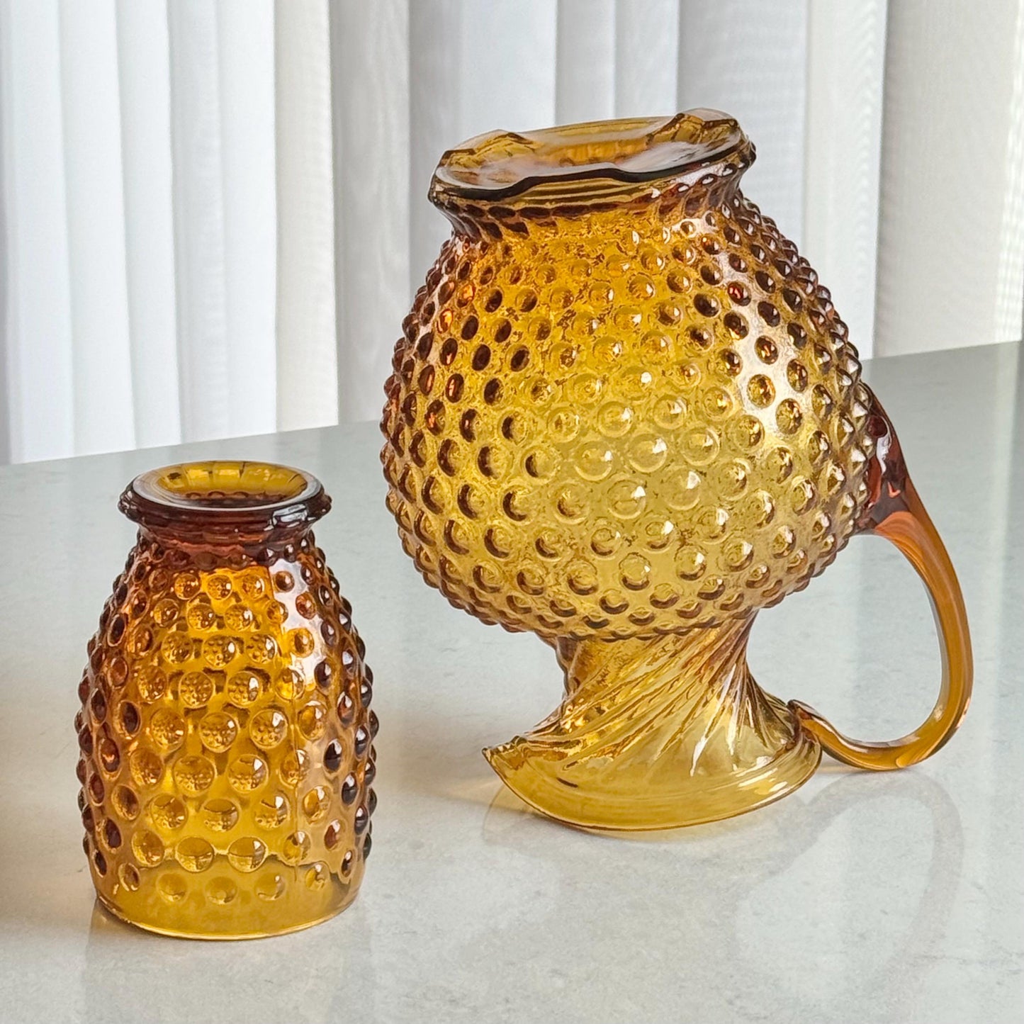 Indiana Glass Tiara Exclusives Amber Gold Hobnail Pitcher and 4 Tumblers  (circa 1976)