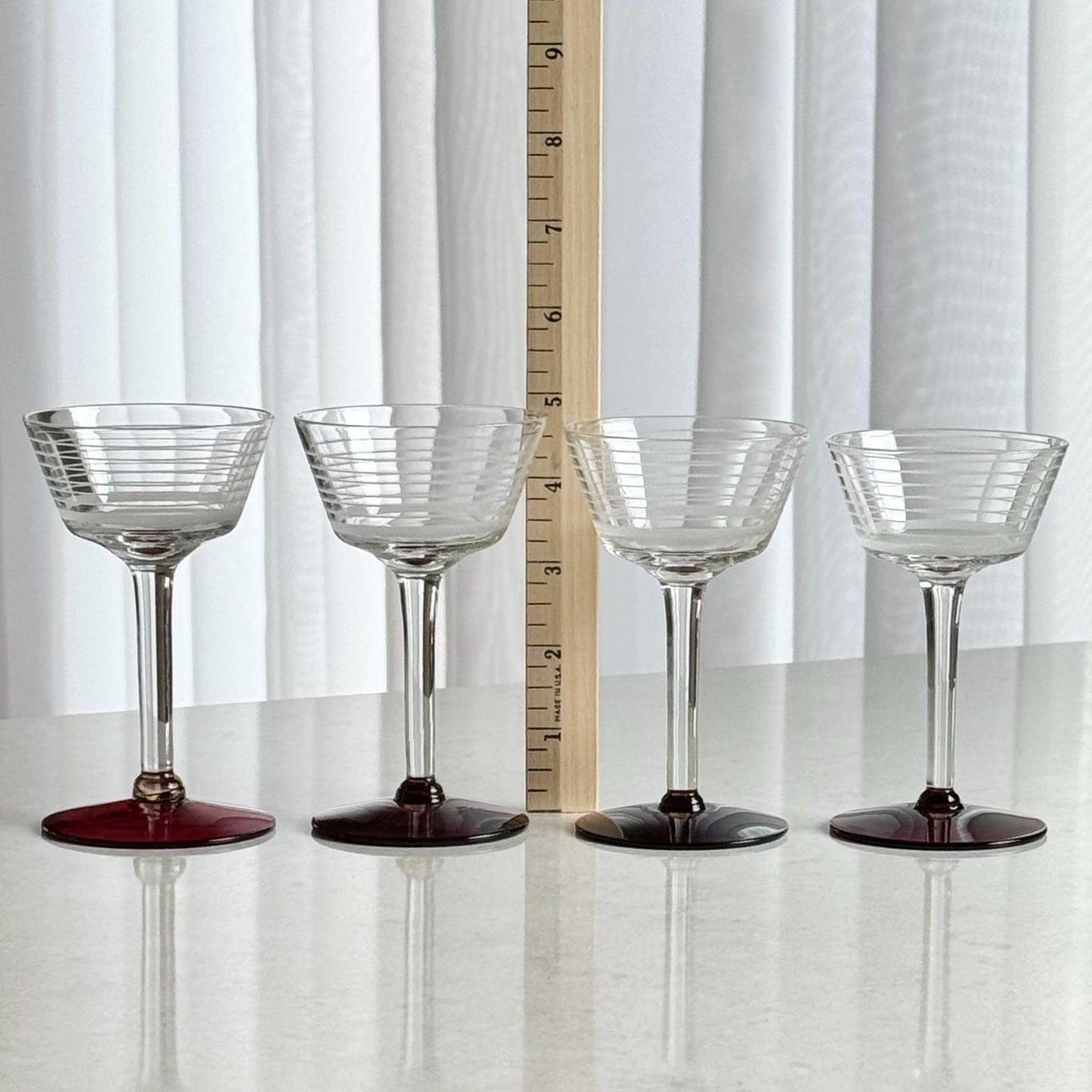 Vintage Ruby Red Foot Band Etched Glasses - Set of 4