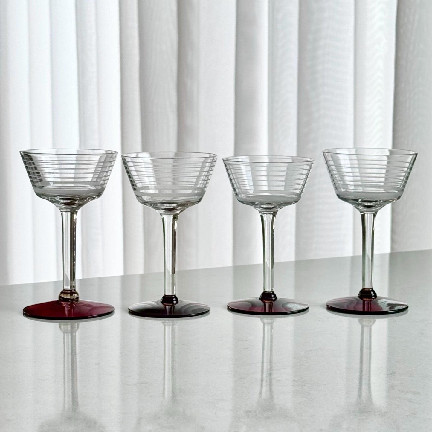 Vintage Ruby Red Foot Band Etched Glasses - Set of 4