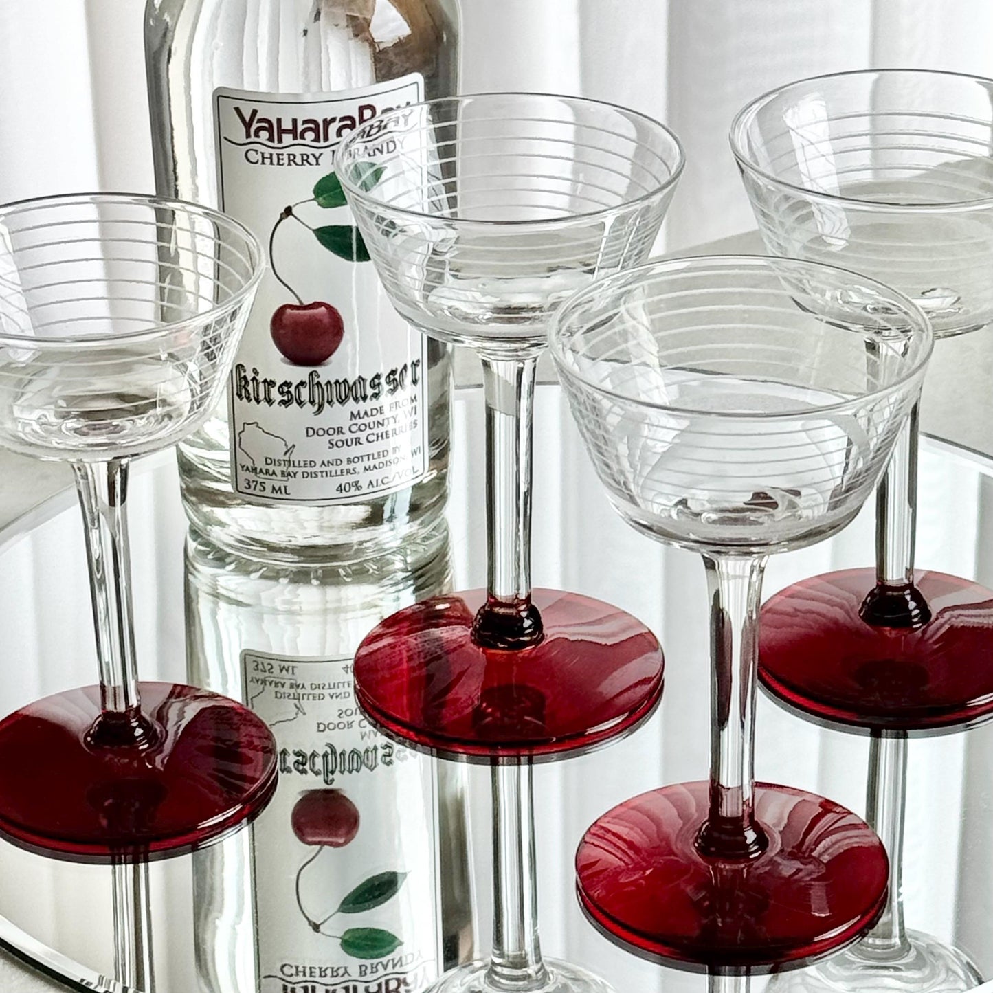 Vintage Ruby Red Foot Band Etched Glasses - Set of 4