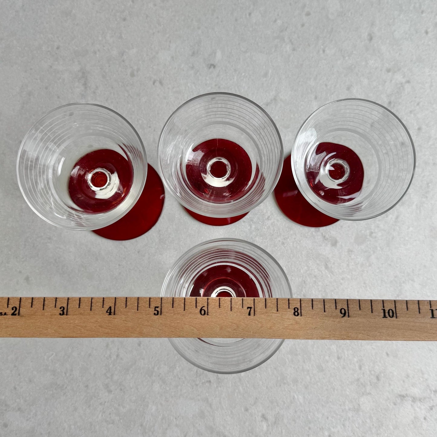Vintage Ruby Red Foot Band Etched Glasses - Set of 4