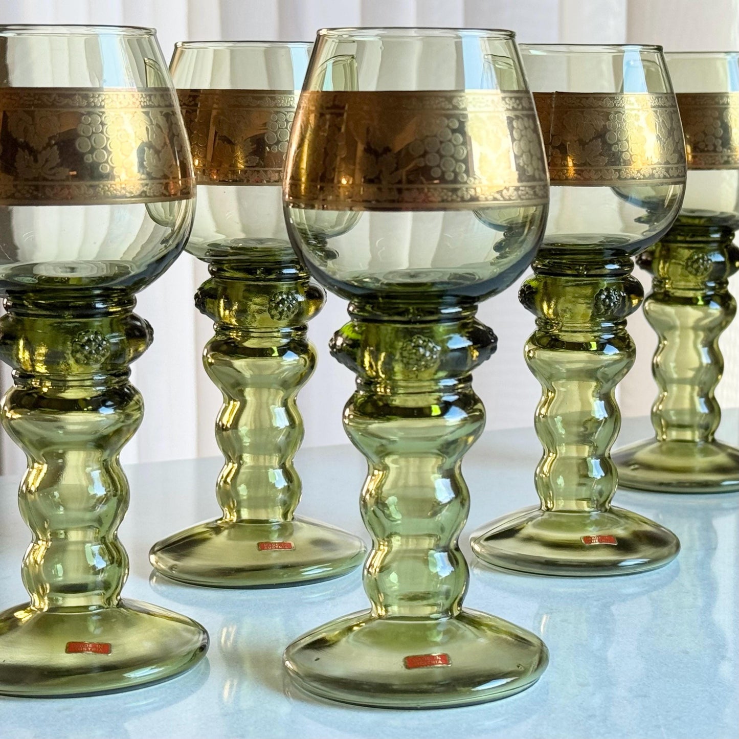 Vintage Austrian Roemer Green Glasses with a Grape and Vine Design in Gold - Set of 6