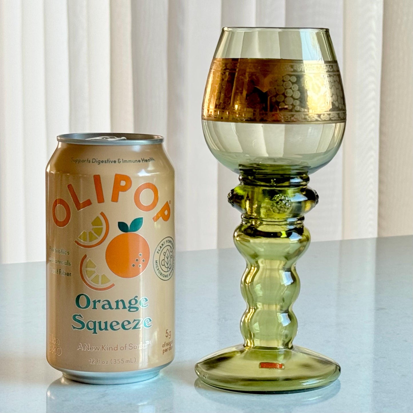 Vintage Austrian Roemer Green Glasses with a Grape and Vine Design in Gold - Set of 6