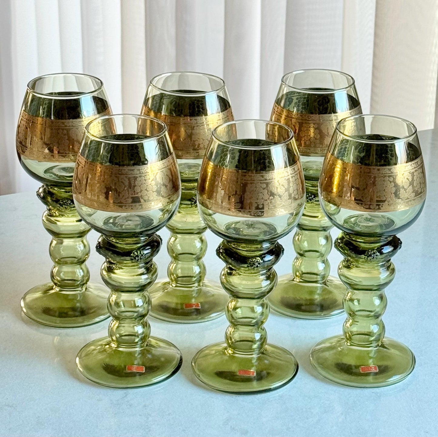 Vintage Austrian Roemer Green Glasses with a Grape and Vine Design in Gold - Set of 6