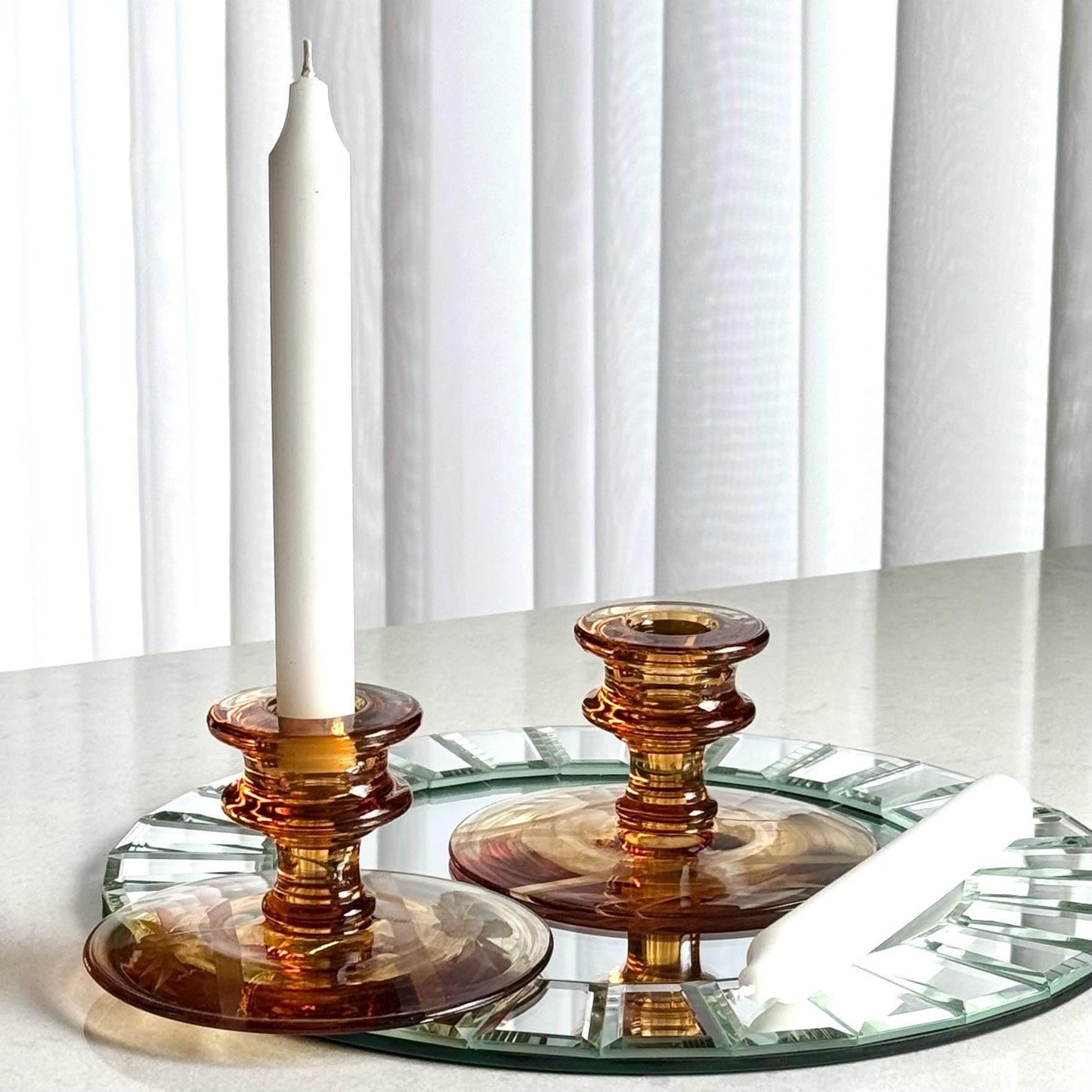 Vintage Amber Etched Candle Holders - Set of 2