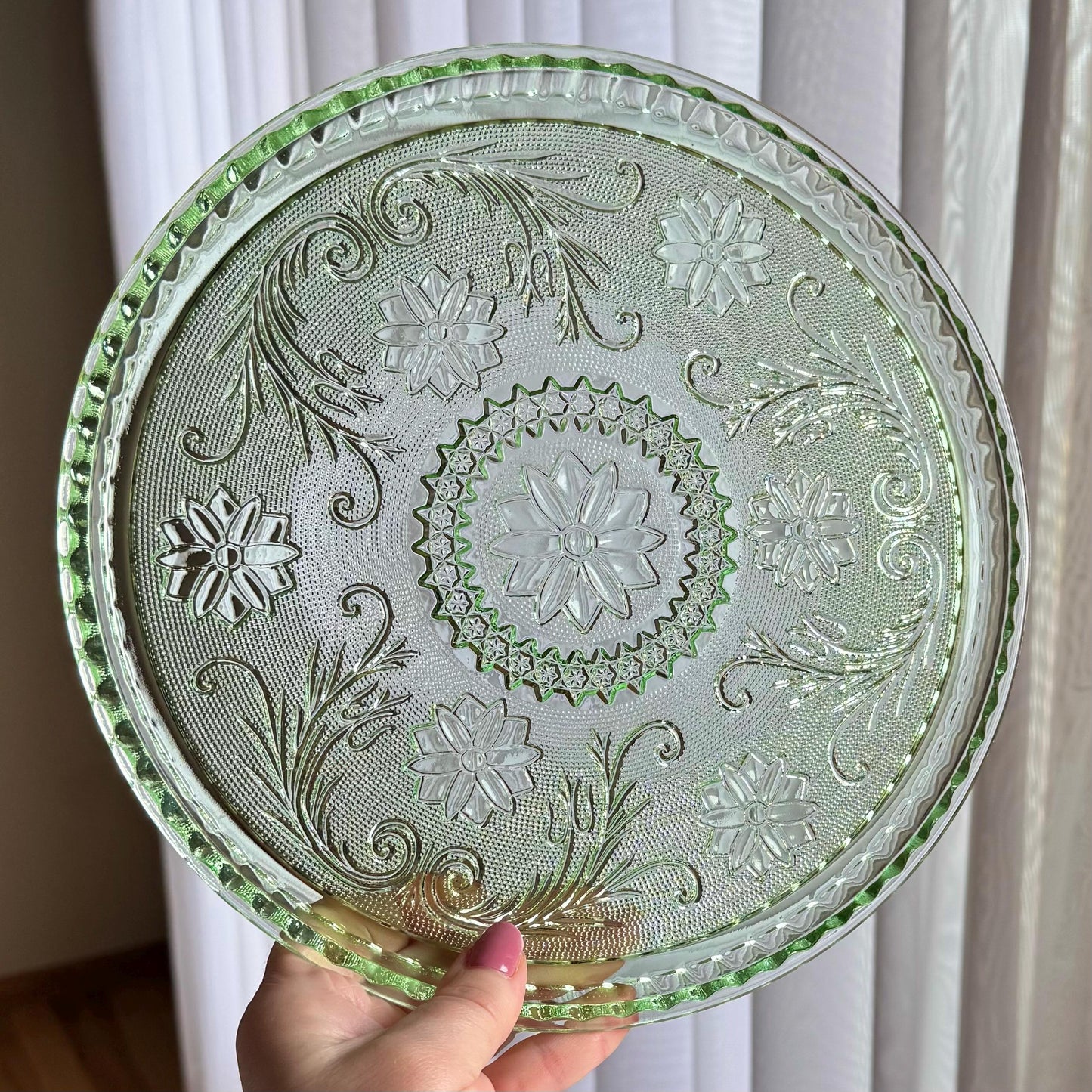 Vintage Tiara Exclusive Chantilly Green Decanter Set with Tray and Six Glasses (circa 1982 - 1991)