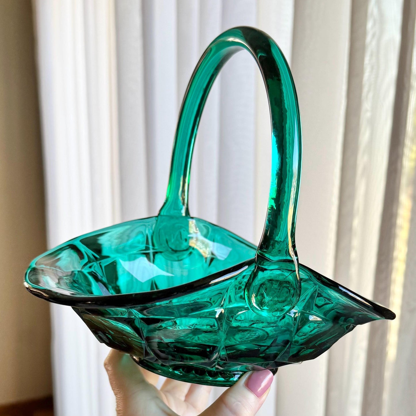 Vintage Tiara Glass Teal Green Constellation Basket
