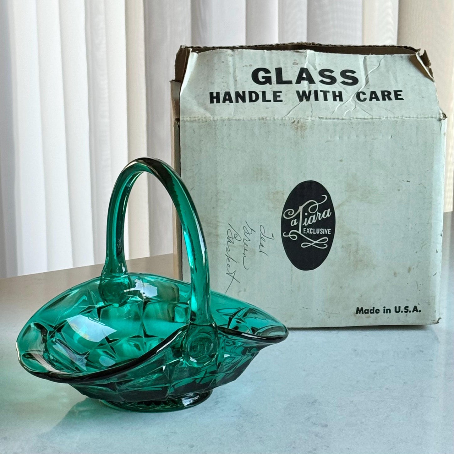 Vintage Tiara Glass Teal Green Constellation Basket