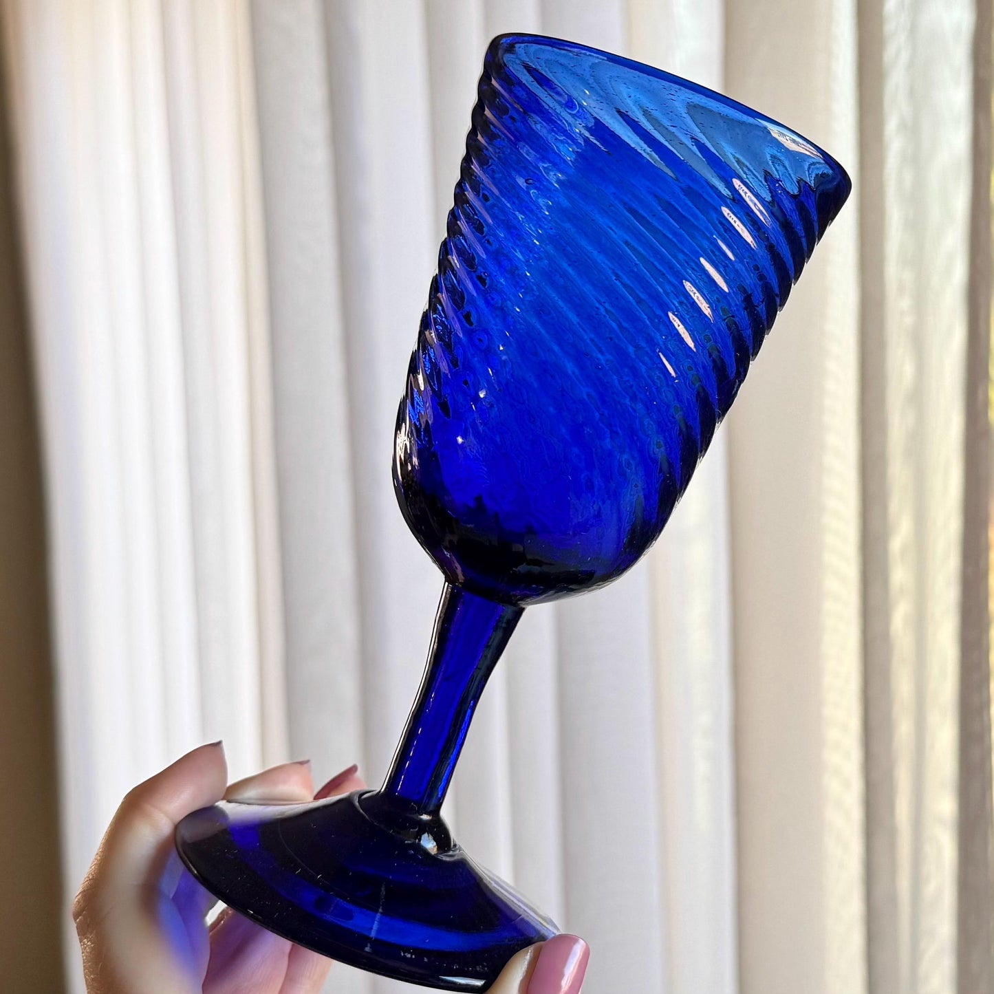 Vintage Hand Blown Cobalt Blue Swirl Glasses - Set of 6