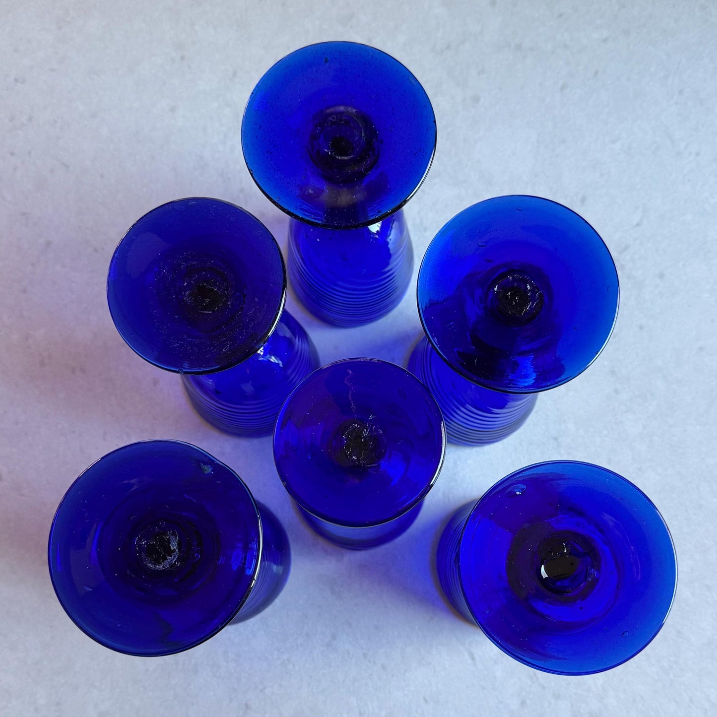Vintage Hand Blown Cobalt Blue Swirl Glasses - Set of 6
