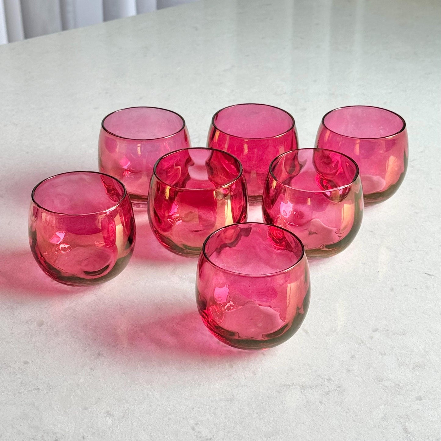 Vintage West Virginia Glass Rose Lustre Loop Optic Punch Bowl and 7 Glasses