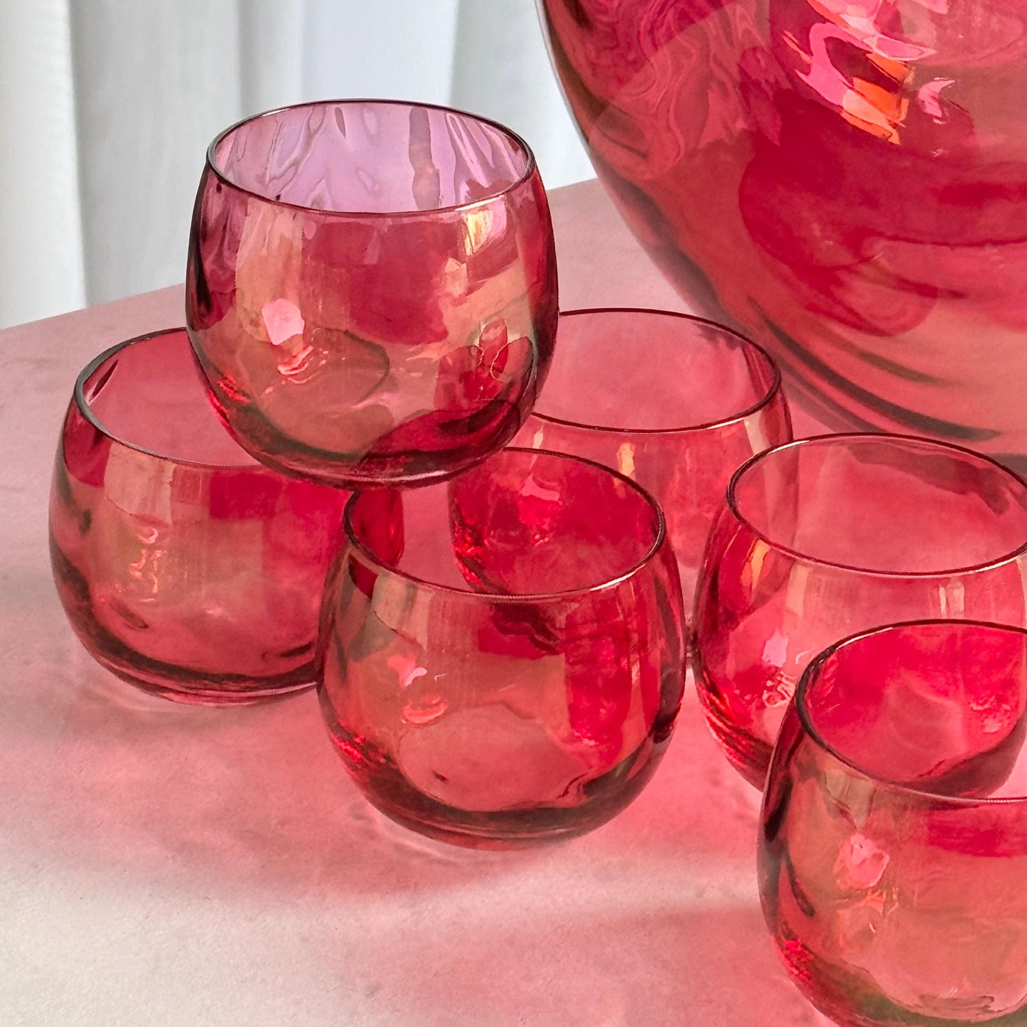 Vintage West Virginia Glass Rose Lustre Loop Optic Punch Bowl and 7 Glasses