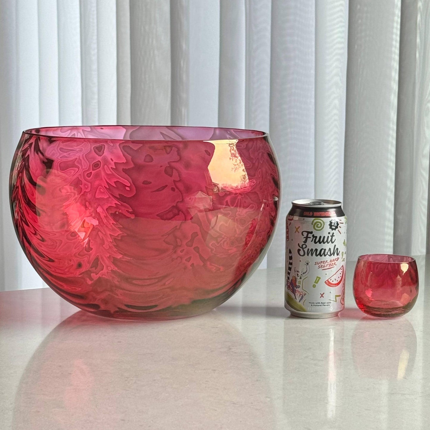 Vintage West Virginia Glass Rose Lustre Loop Optic Punch Bowl and 7 Glasses