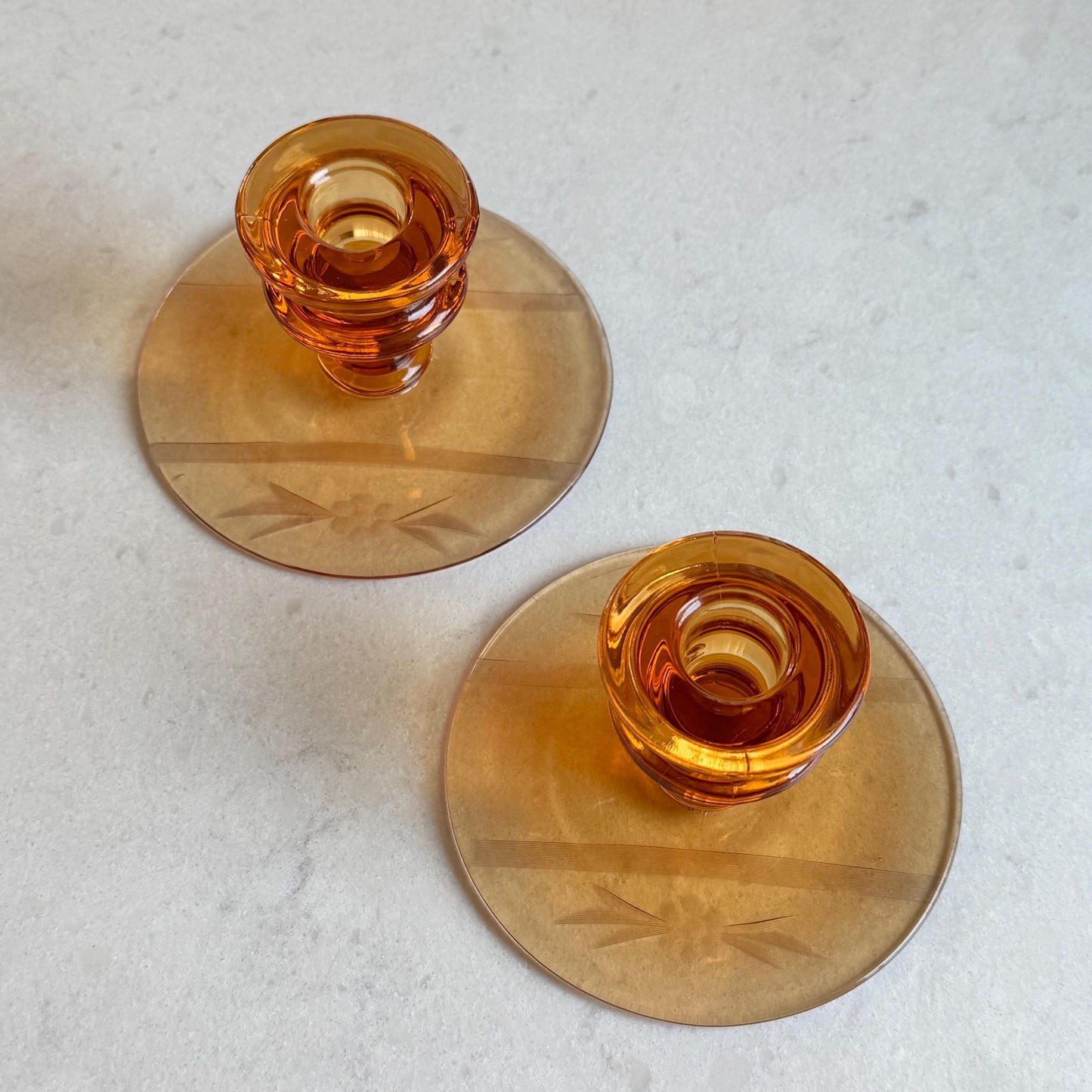 Vintage Amber Etched Candle Holders - Set of 2