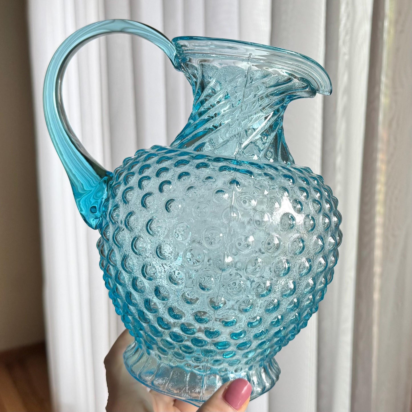 Vintage Indiana Glass Tiara Exclusive Hobnail Blue Pitcher and 4 Tumblers (circa 1980s)