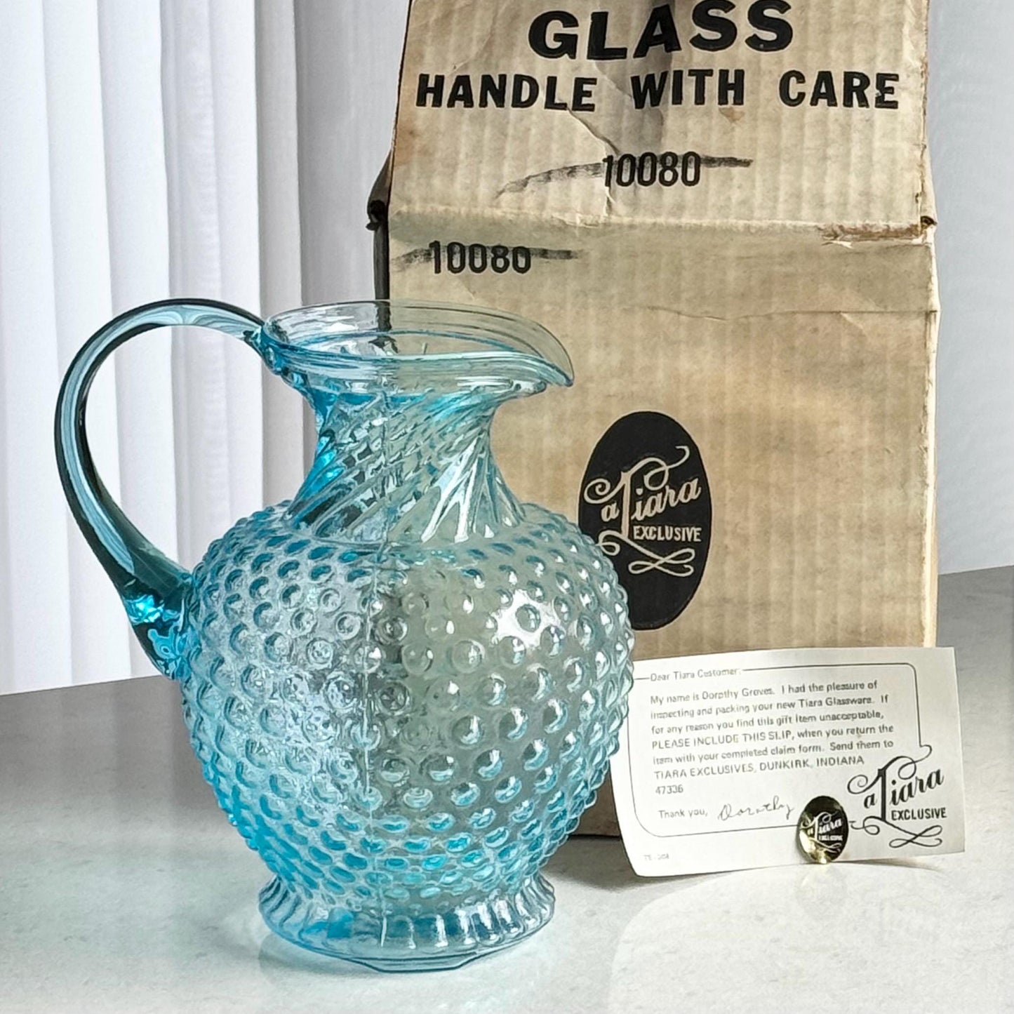 Vintage Indiana Glass Tiara Exclusive Hobnail Blue Pitcher and 4 Tumblers (circa 1980s)