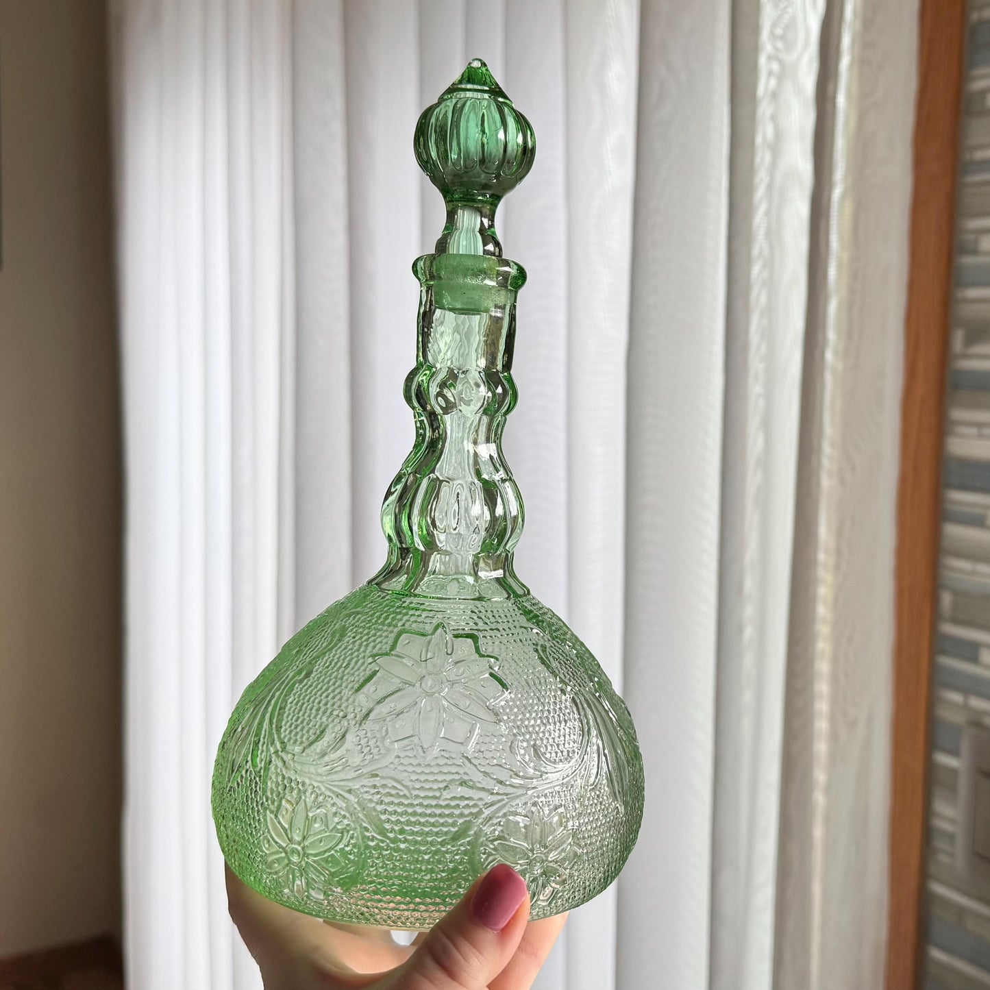 Vintage Tiara Exclusive Chantilly Green Decanter Set with Tray and Six Glasses (circa 1982 - 1991)