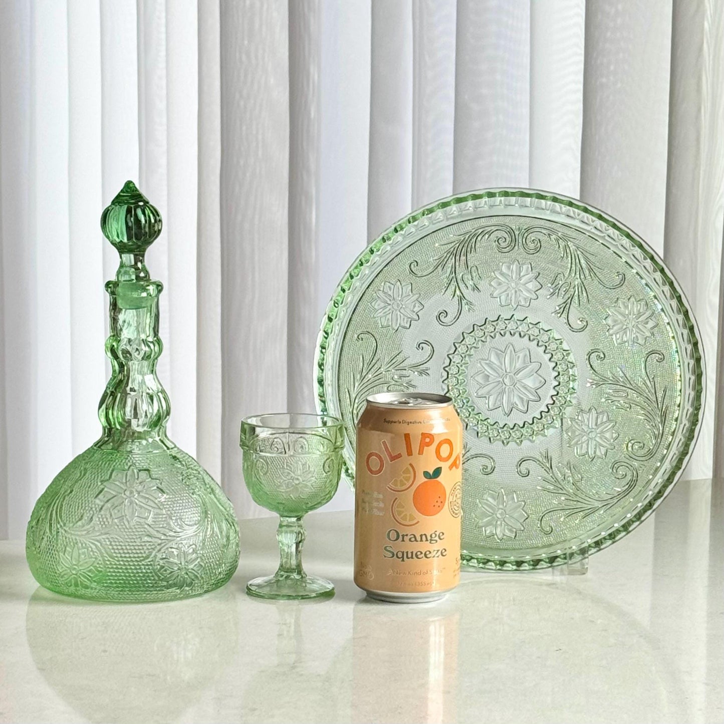 Vintage Tiara Exclusive Chantilly Green Decanter Set with Tray and Six Glasses (circa 1982 - 1991)