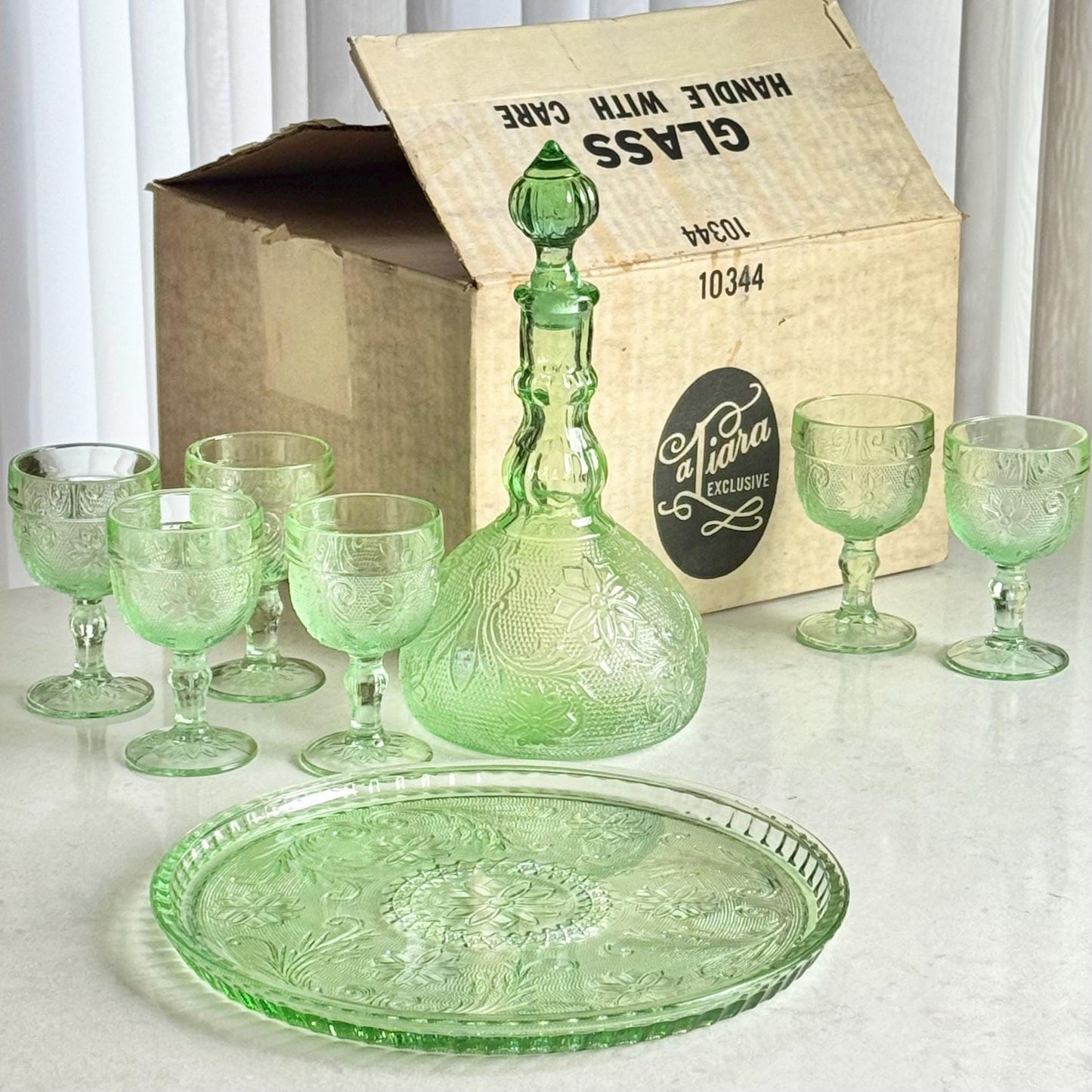 Vintage Tiara Exclusive Chantilly Green Decanter Set with Tray and Six Glasses (circa 1982 - 1991)