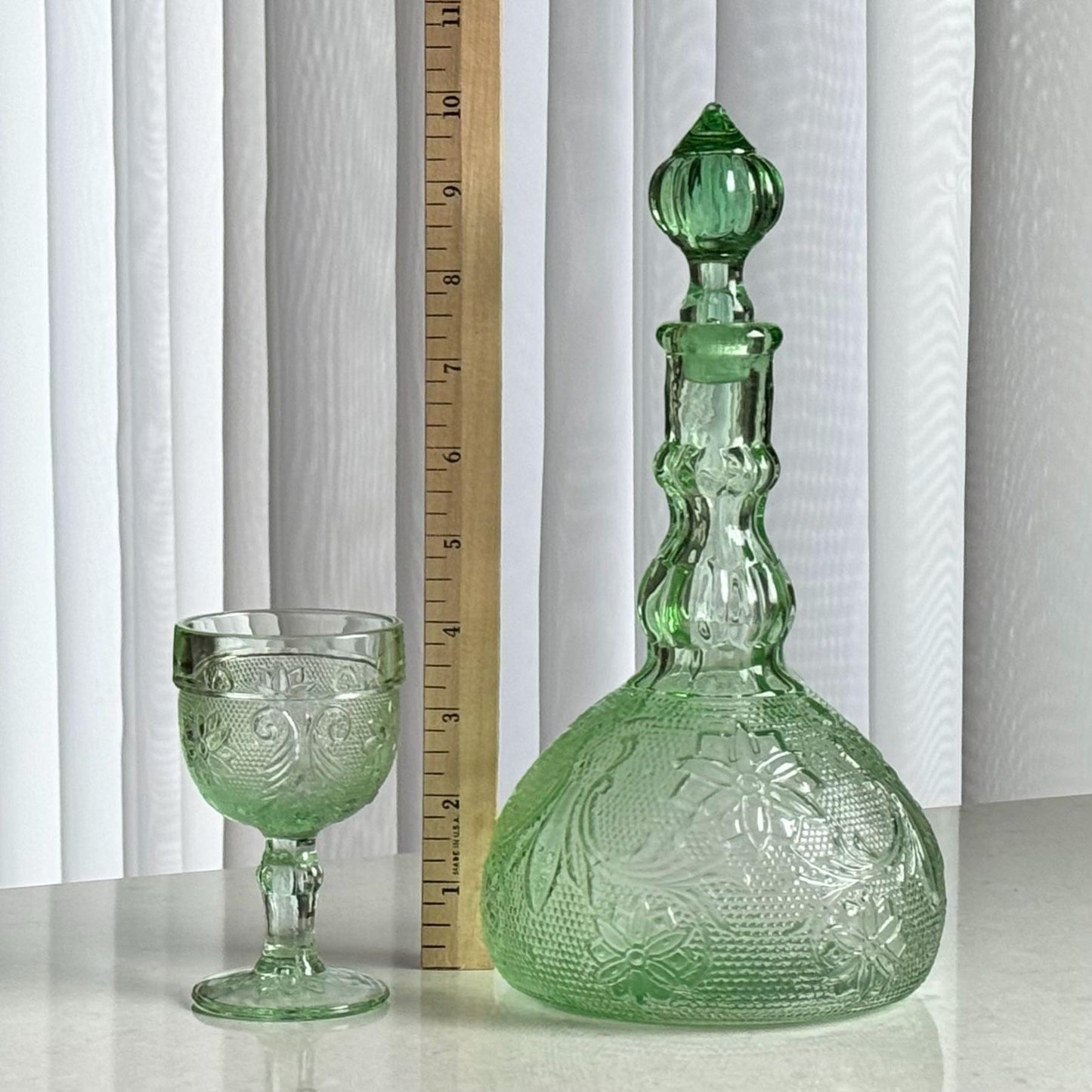 Vintage Tiara Exclusive Chantilly Green Decanter Set with Tray and Six Glasses (circa 1982 - 1991)