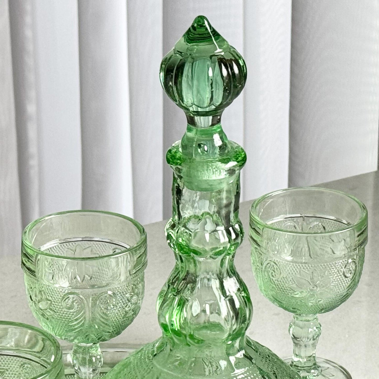 Vintage Tiara Exclusive Chantilly Green Decanter Set with Tray and Six Glasses (circa 1982 - 1991)