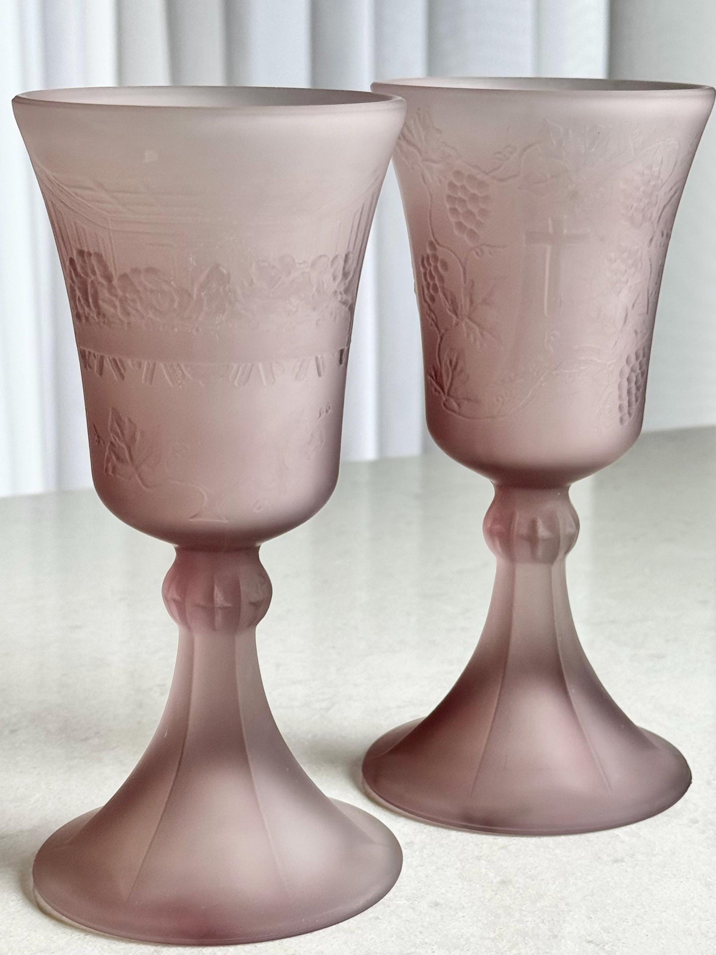 Vintage Indiana Glass Tiara Exclusive Amethyst Satin Frosted Lord Supper Goblets - Set of 2
