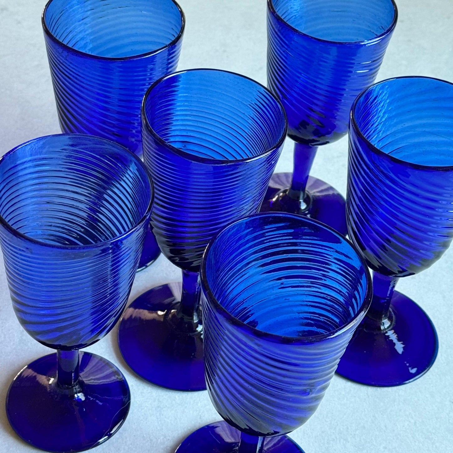 Vintage Hand Blown Cobalt Blue Swirl Glasses - Set of 6