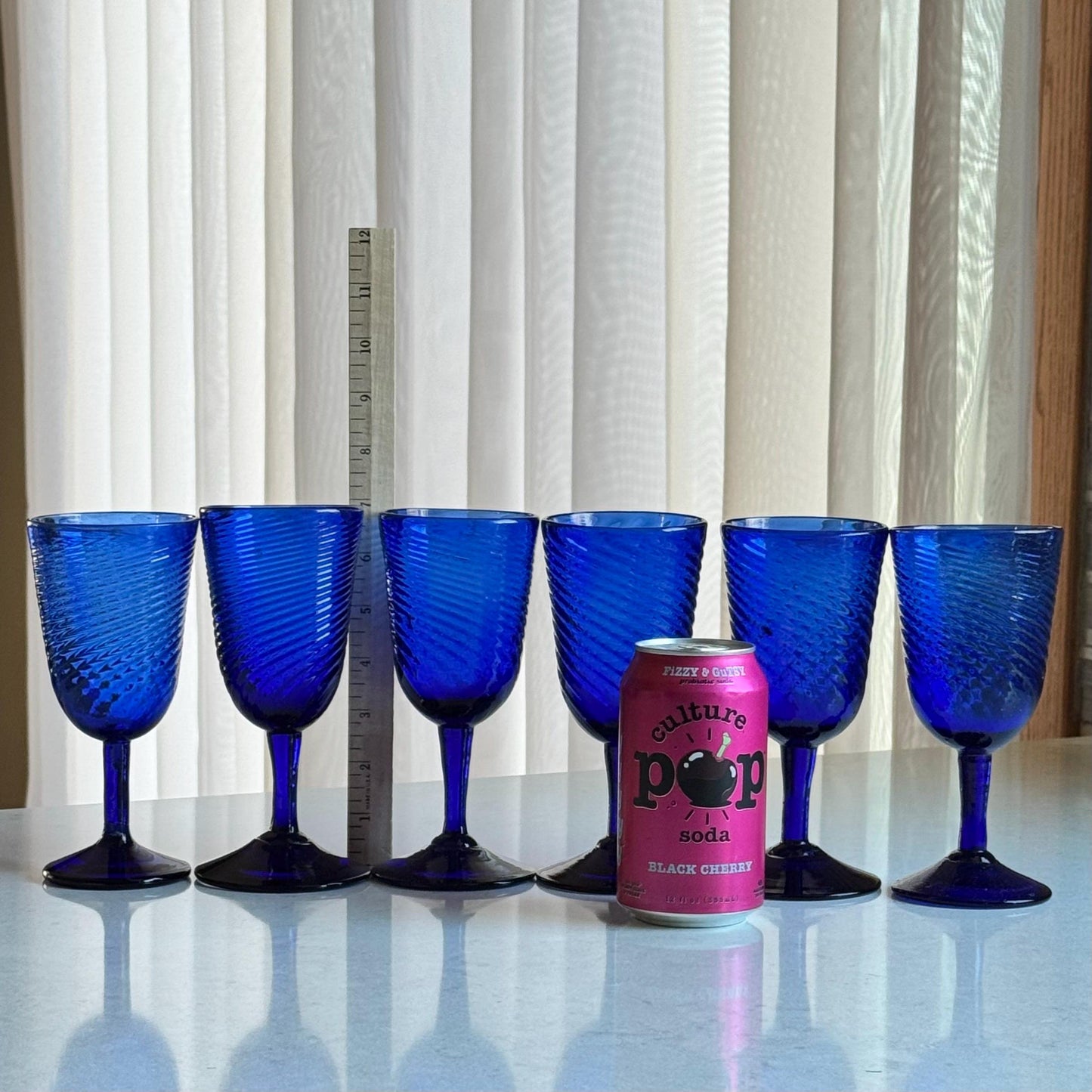 Vintage Hand Blown Cobalt Blue Swirl Glasses - Set of 6