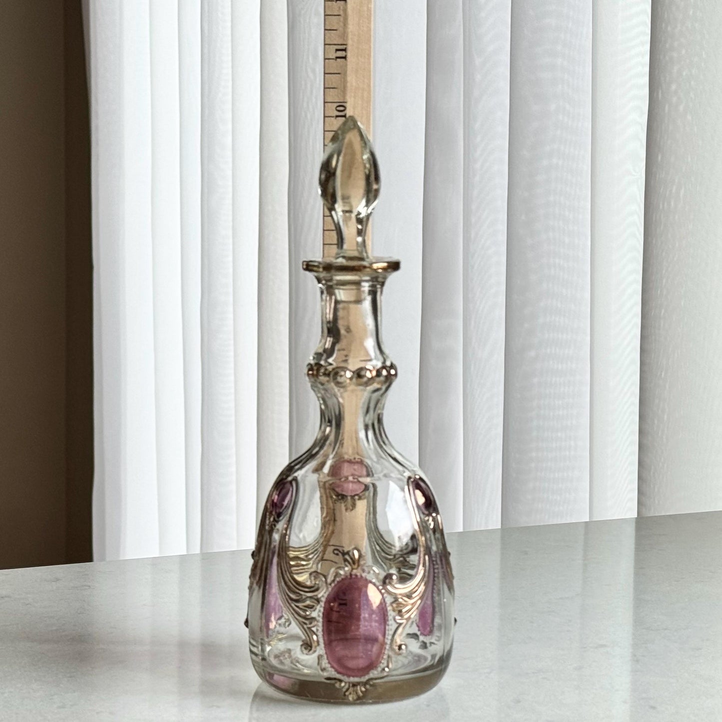 Vintage Gold and Cranberry Accented Decanter and 5 Glasses