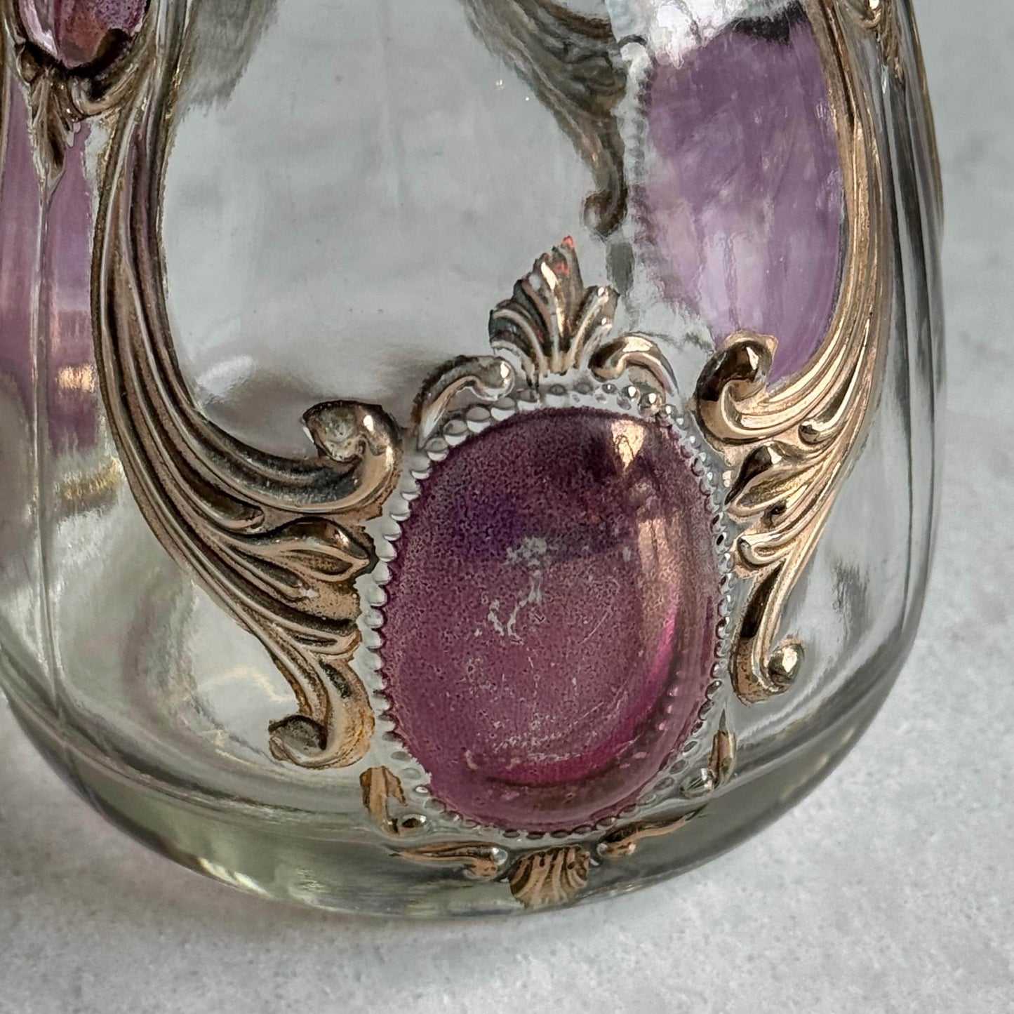 Vintage Gold and Cranberry Accented Decanter and 5 Glasses