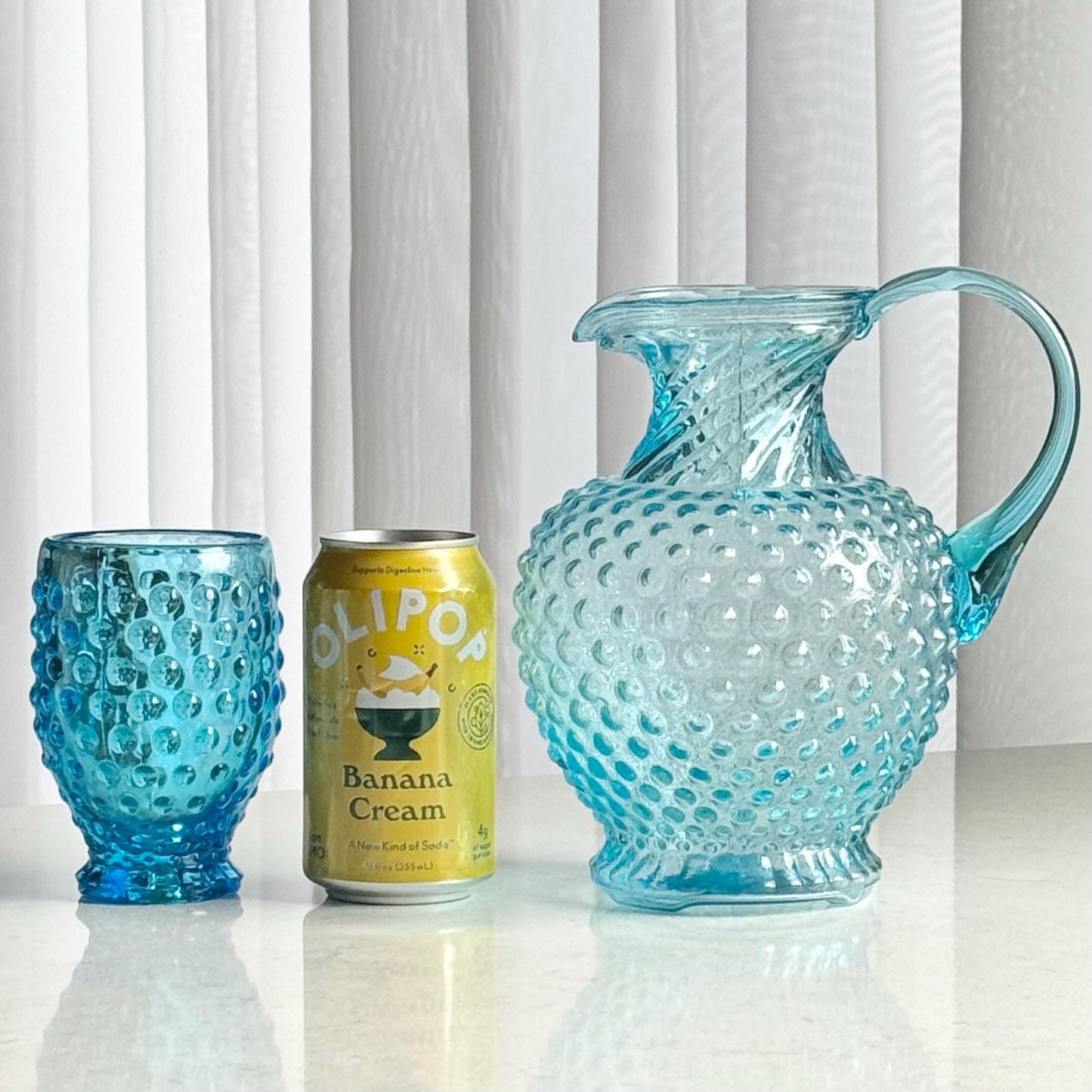 Vintage Indiana Glass Tiara Exclusive Hobnail Blue Pitcher and 4 Tumblers (circa 1980s)