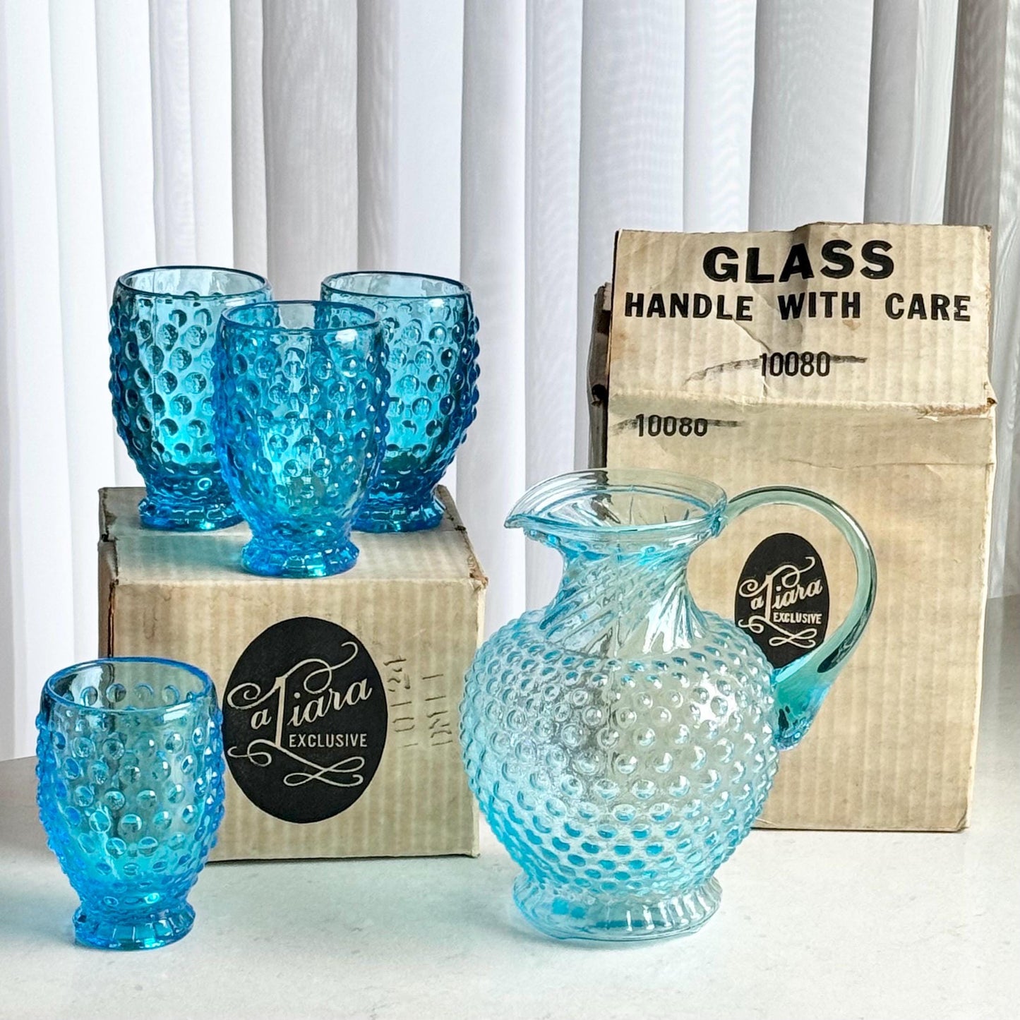 Vintage Indiana Glass Tiara Exclusive Hobnail Blue Pitcher and 4 Tumblers (circa 1980s)