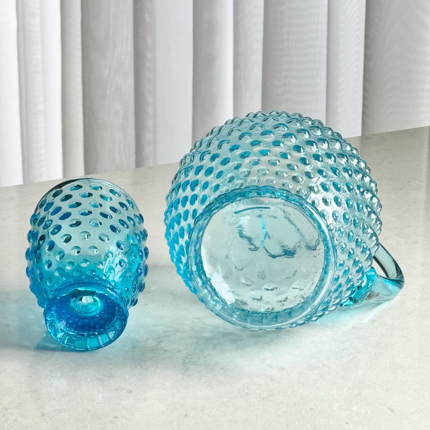 Vintage Indiana Glass Tiara Exclusive Hobnail Blue Pitcher and 4 Tumblers (circa 1980s)