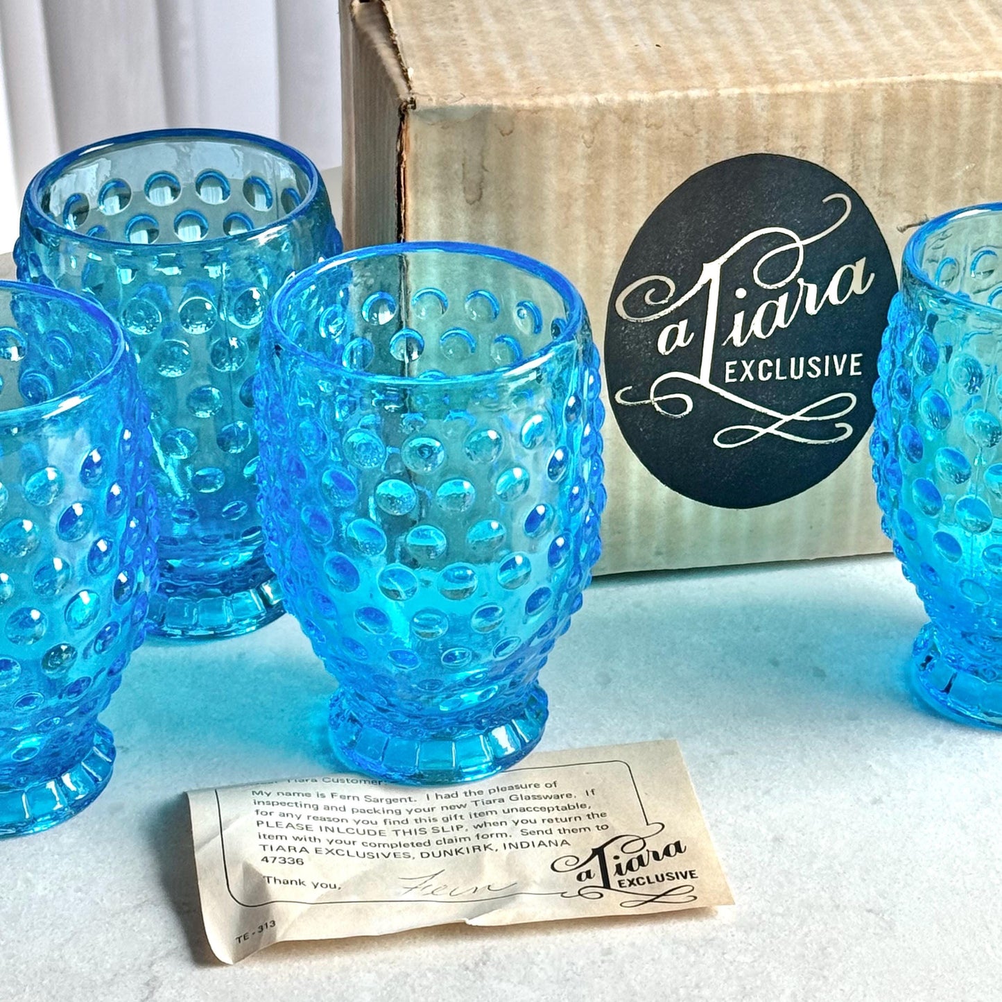 Vintage Indiana Glass Tiara Exclusive Hobnail Blue Pitcher and 4 Tumblers (circa 1980s)