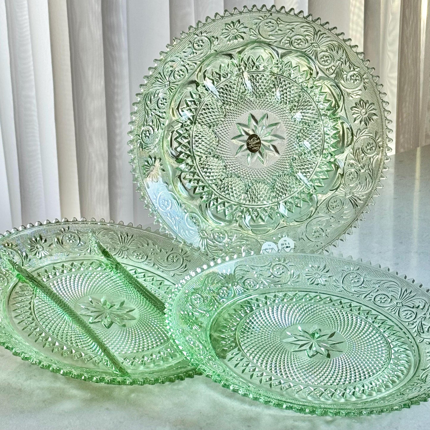 Vintage Indiana Glass Tiara Exclusive Chantilly Green Three-Part Divided Relish Dish