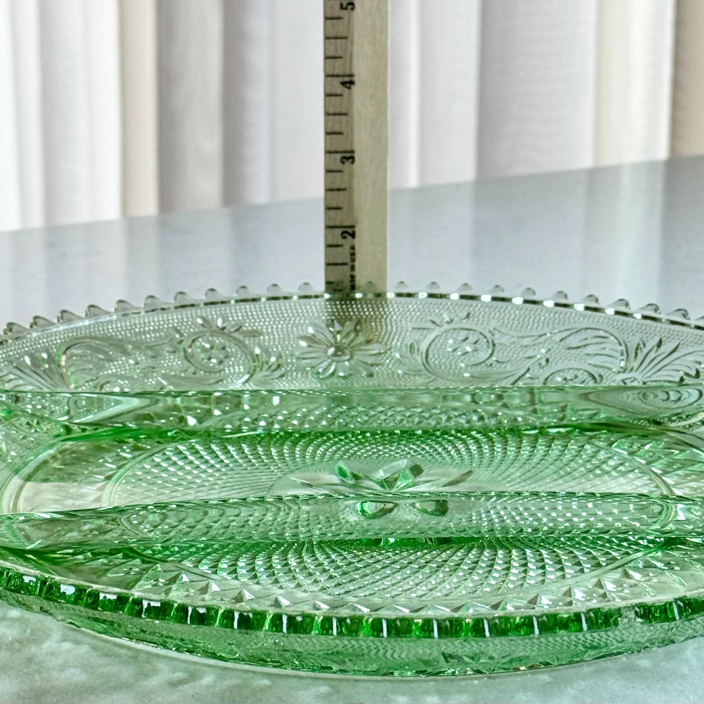 Vintage Indiana Glass Tiara Exclusive Chantilly Green Three-Part Divided Relish Dish