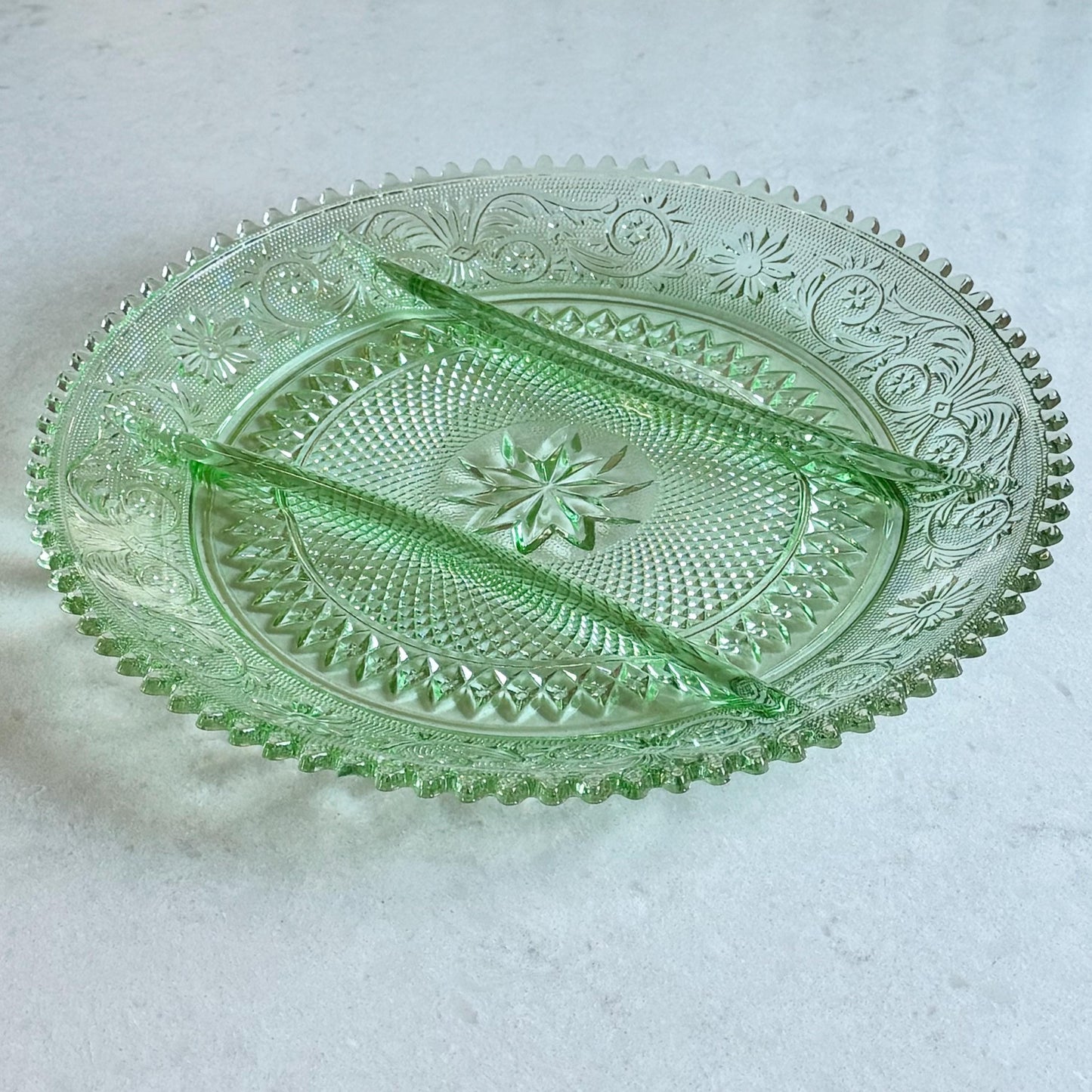 Vintage Indiana Glass Tiara Exclusive Chantilly Green Three-Part Divided Relish Dish
