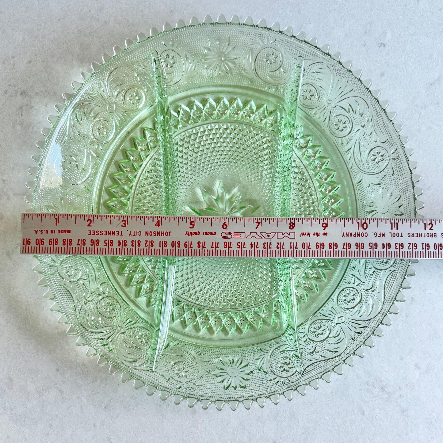Vintage Indiana Glass Tiara Exclusive Chantilly Green Three-Part Divided Relish Dish
