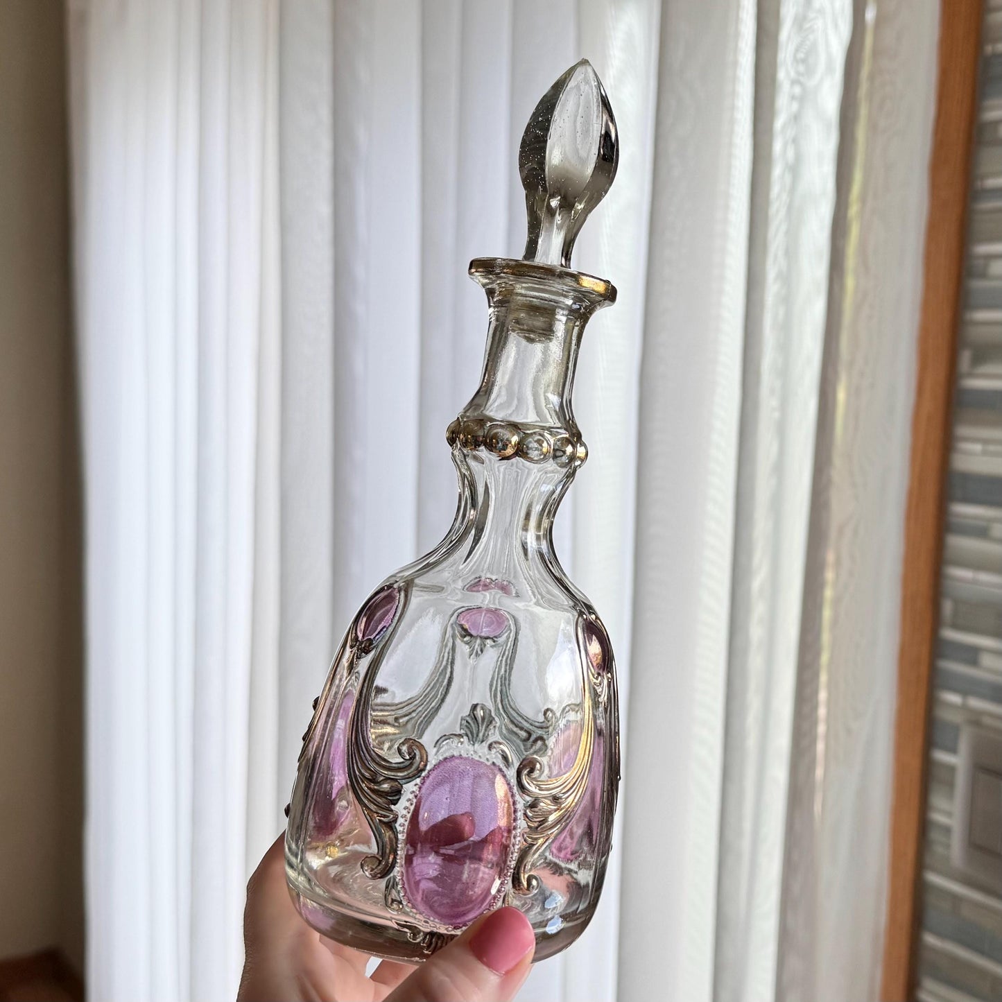 Vintage Gold and Cranberry Accented Decanter and 5 Glasses