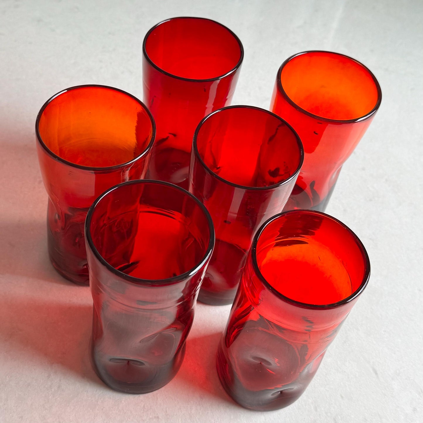 Vintage Blenko Hand Blown Red Pinched Tumblers - Set of 6