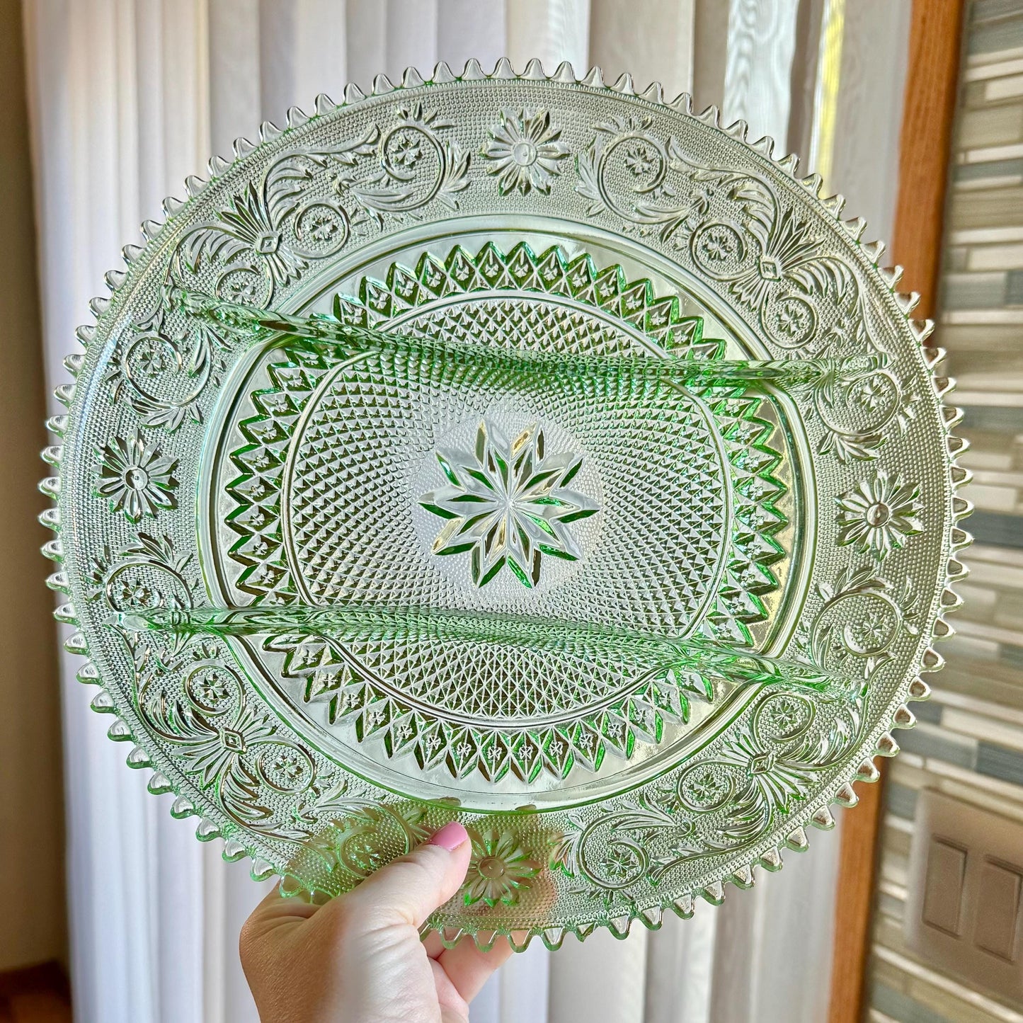 Vintage Indiana Glass Tiara Exclusive Chantilly Green Three-Part Divided Relish Dish