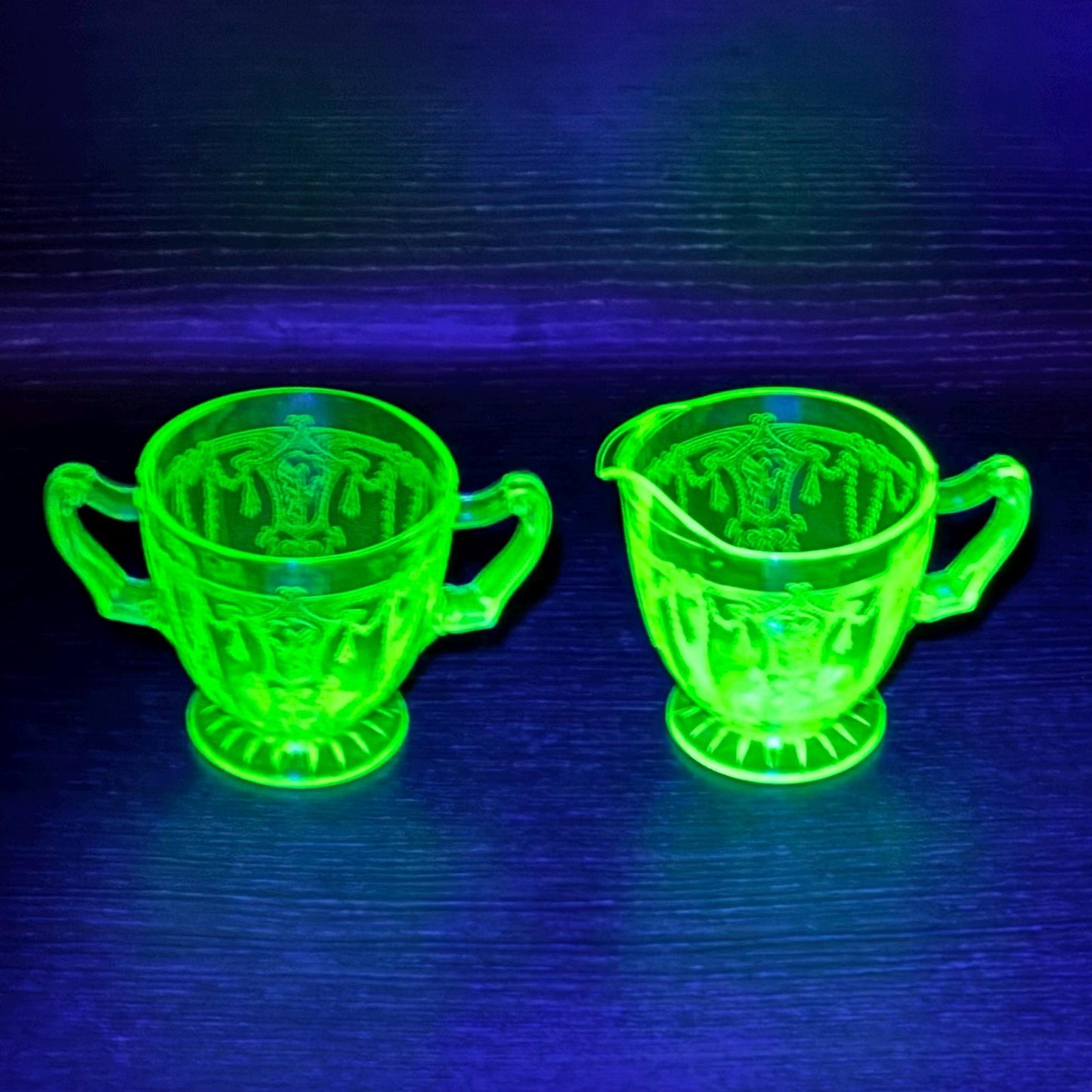 Vintage Anchor Hocking Cameo Dancing Ballerina Uranium Green Sugar and Creamer Set - circa 1930-1934