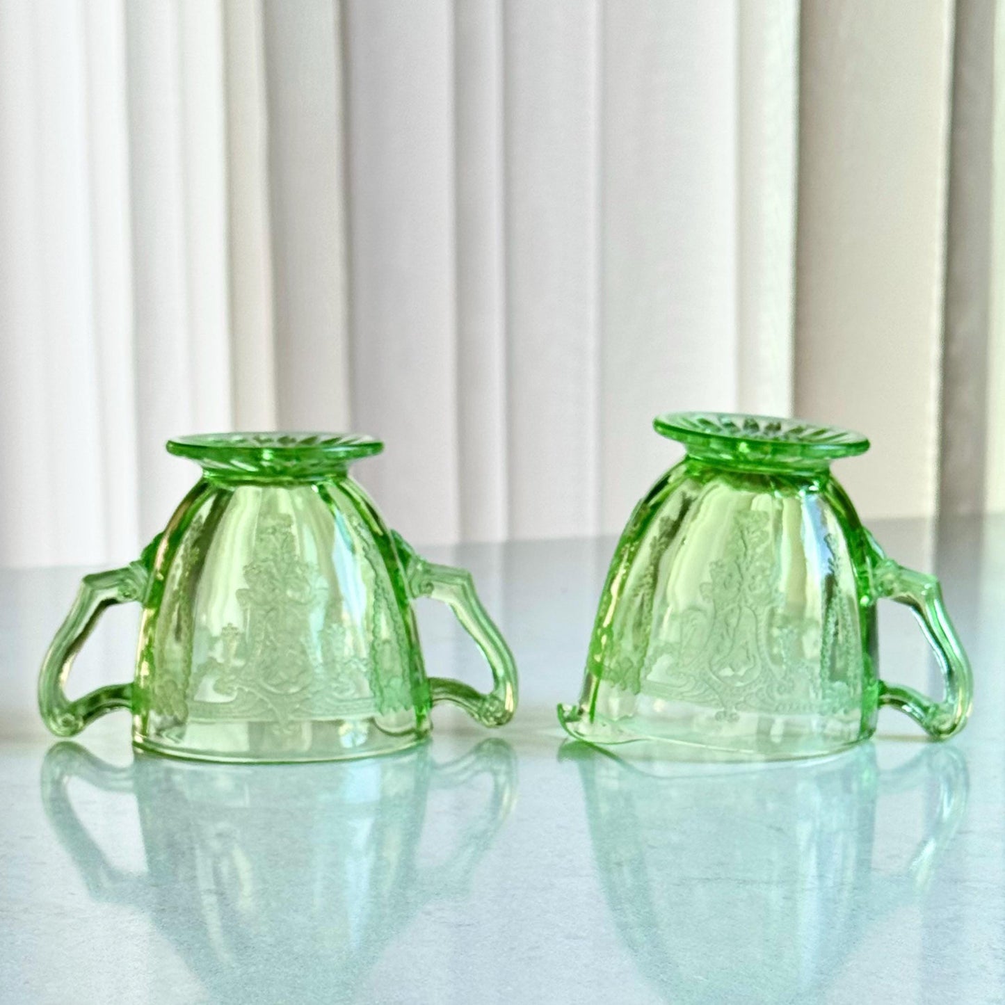 Vintage Anchor Hocking Cameo Dancing Ballerina Uranium Green Sugar and Creamer Set - circa 1930-1934