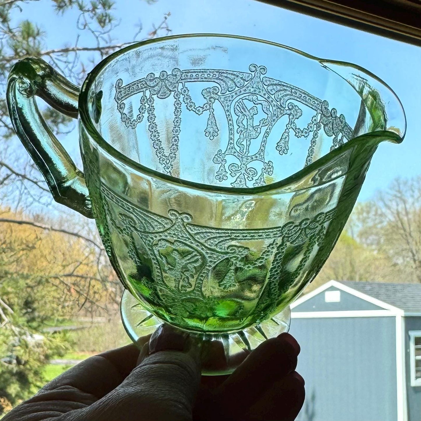 Vintage Anchor Hocking Cameo Dancing Ballerina Uranium Green Sugar and Creamer Set - circa 1930-1934