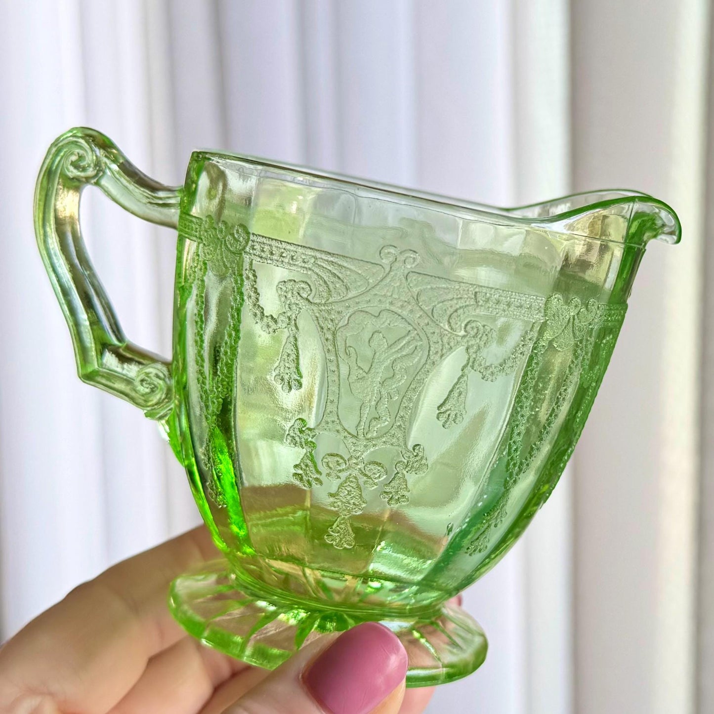 Vintage Anchor Hocking Cameo Dancing Ballerina Uranium Green Sugar and Creamer Set - circa 1930-1934