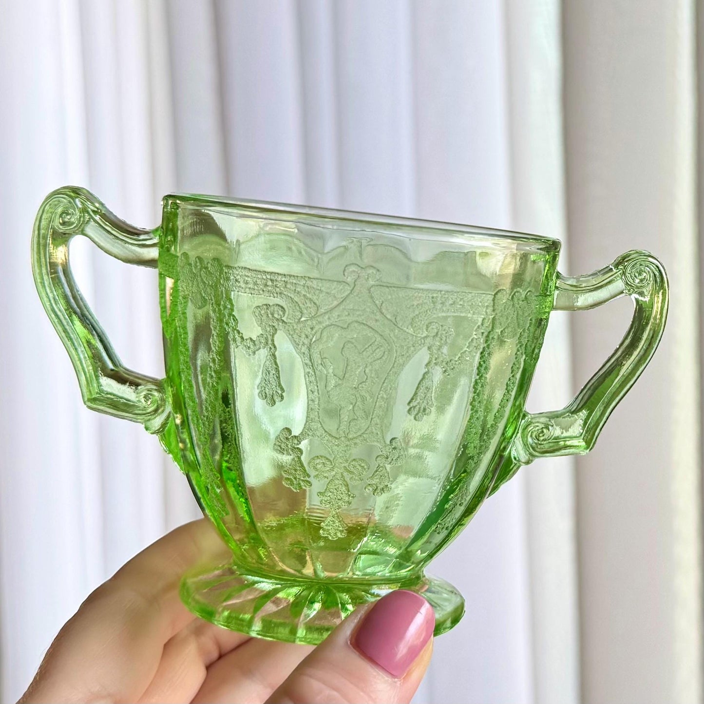 Vintage Anchor Hocking Cameo Dancing Ballerina Uranium Green Sugar and Creamer Set - circa 1930-1934