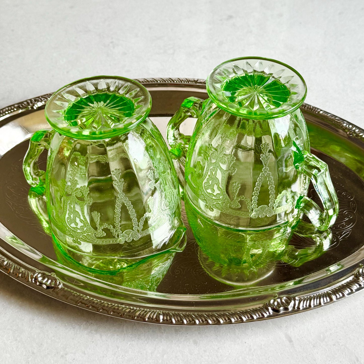 Vintage Anchor Hocking Cameo Dancing Ballerina Uranium Green Sugar and Creamer Set - circa 1930-1934