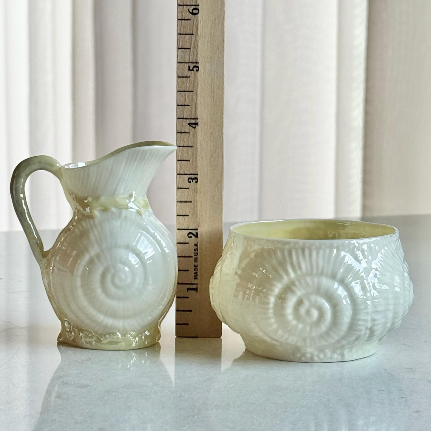 Vintage Belleek Iridescent Toy Shell Yellow Accent Sugar and Creamer Set (circa 1946 - 1955)