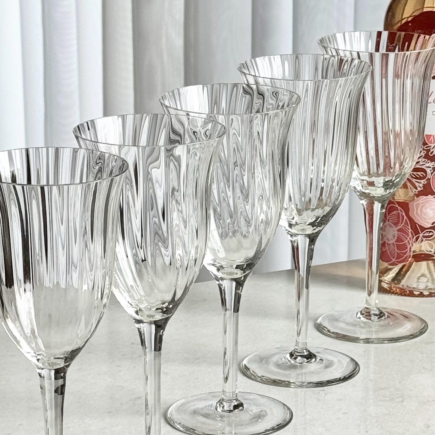 Vintage Crystal Ribbed Glasses - Set of 7 Goblets