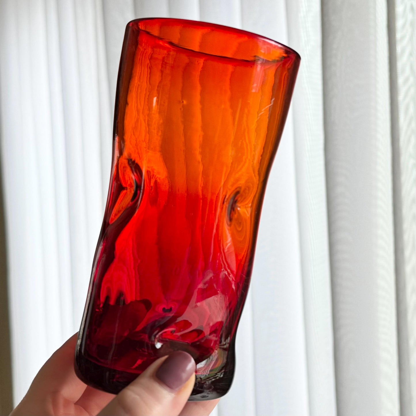 Vintage Blenko Hand Blown Red Pinched Tumblers - Set of 6
